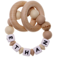 Munchewy Personalized Baby Rattle Teether Ring With Nameoatmealkhaki