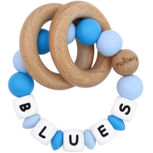 Munchewy Personalized Baby Rattle Teether Ring With Namebluelightblue