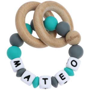 Munchewy Personalized Baby Rattle Teether Ring With Namegreyturquoise