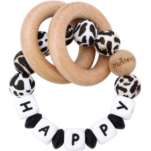 Munchewy Personalized Baby Rattle Teether Ring With Nameleopardprintcowprint