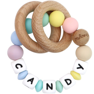 Munchewy Personalized Baby Rattle Teether Ring With Namemacaron