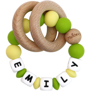 Munchewy Personalized Baby Rattle Teether Ring With Namegreenyellow