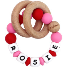 Munchewy Personalized Baby Rattle Teether Ring With Nameredpink