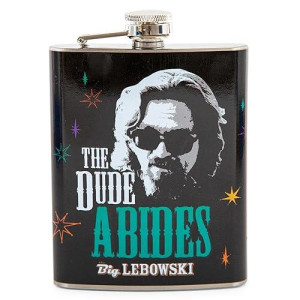 Silver Buffalo The Big Lebowski "The Dude Abides" Stainless Steel Leakproof Drinking Flask | Perfect For Camping | Ideal For Groomsmen | Never-Lose Cap | Holds 7 Ounces