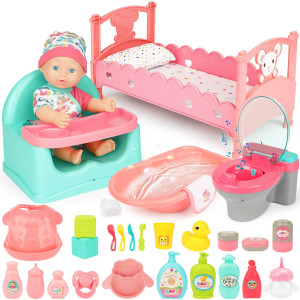 Deao Baby Doll Play Set 25 Pcs Baby Dolls Accessories With Chair Booster Seat High Crib Toy Toilet And Bathtub Pretend Play Toy