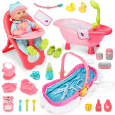 Deao Baby Doll Set 14 Baby Doll Playset25 Pcs Baby Doll Accessories With High Chair Bath Crib Feeding Accessories Realisti