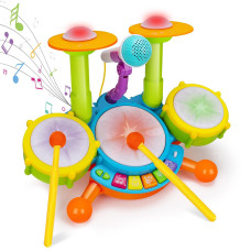 Basytodio Kids Drum Set Musical Toys For Toddlers 13 With 2 Sticks Microphone Instruments Piano Light Up 1 Year Old Boy Girl Gi