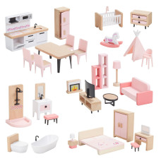 Giant Bean 32Pcs Wooden Dollhouse Furniture Set 5 Rooms Wood Plastic Pink Dollhouse Accessories Pretend Play Furniture Toy Ch