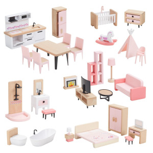 Giant Bean 32Pcs Wooden Dollhouse Furniture Set 5 Rooms Wood Plastic Pink Dollhouse Accessories Pretend Play Furniture Toy Ch