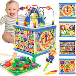 Atoylink Wooden Baby Activity Cube Montessori Toys For 1 Year Old Xlarge 8In1 Toddler Bead Maze Shape Sorter Fishing Game Alp