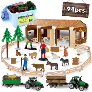 94Pcs Plastic Farm Animals Figurines And Fence Farm Playset 2 Farm Tractors With Farm Figures Farmer Vehicle Toy Truck With Tr