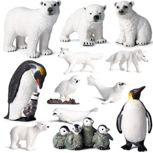 Eoivsh 12Pcs Plastic Polar Animals Toy Figures, Realistic Arctic Animal Figurines For Kids, Education Sea Creature Toys Set With Polar Bear Family Emperor Penguin Family Arctic Fox Wolf