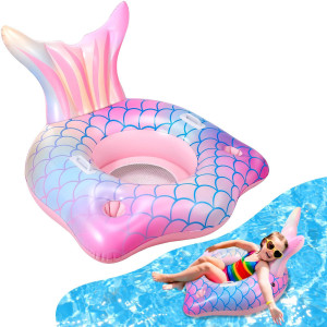 Mermaid Tail Inflatable Pool Float Chair With 2 Cup Holders Armrests Pink Swimming Pool Party Lounge Raft Decorations Toys For