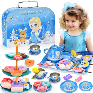 Lajeje Tea Party Set For Little Girls Frozen Toys For Girls Elsa Princess 48 Pack Kids Kitchen Pretend Toy With Tin Tea Set