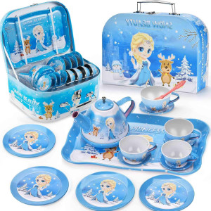 Frozen Toys For Girls Elsa Princess Tea Party Set For Little Girls 19 Pack Kids Kitchen Pretend Toy With Tin Tea Set Desser