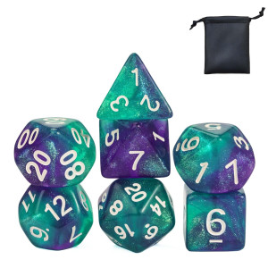 Ksndie Dnd Dice Set Cyan Mix Purple Glitter Dice For Dungeon And Dragons Dd Mtg 7Die Rpg Polyhedral Dice