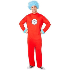 Inspirit Designs Dr. Seuss Adult Thing 1 And Thing 2 Jumpsuit Costume | Officially Licensed | Adult Costumes | Couple Costume | Attachable Velcro Patches, Sm