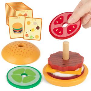 Vanmor Wooden Stacking Burger Montessori Toy For 3 Years Old Pretend Playing Food Hamburger Puzzle Pattern Games Educational