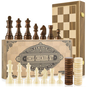 Peradix 2 In 1 Magnetic Wooden Chess Set 15 Folding Wooden Board Portable Chess Checkers Set 2 Extra Queens Walnut Ches