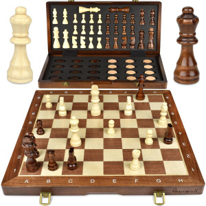 15Inch Magnetic Chess Set 2 In 1 Chess And Checkers Board Game For Adults And Kids Tournament Chessboard With Wooden Pieces