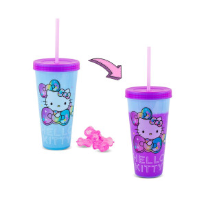 Toynk Sanrio Hello Kitty Starshine Color-Changing Plastic Travel Tumbler | Includes Reusable Straw, Leak-Resistant Lid, Fake Ice Cubes | Holds 24 Ounces
