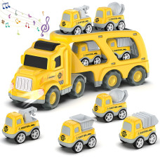 Toddler Car Toys For 3 4 5 Years Old Construction Transport Truck With 4 Pack Small Pull Back Construction Vehicles Friction Pow