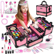 Hollyhi 62Pcs Kids Makeup Kit For Girl Washable Play Makeup Toys Set For Dress Up Beauty Vanity Set With Cosmetic Case Birthda