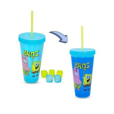 Toynk Spongebob Squarepants "Bros" Color-Changing Plastic Travel Tumbler | Includes Reusable Straw, Leak-Resistant Lid, Fake Ice Cubes | Holds 24 Ounces