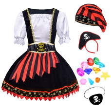 Zzihan Girls Pirate Costume Kids Pirate Princess Dress Pirate Accessories Hat Hairband Eye Patch Belt Pirate Gems Treasure Toys Birthday Party Favor Gift Christmas Halloween Cosplay Costumes 4-5T