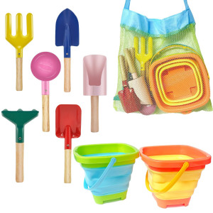 Okgd Beach Sandbox Toy Sturdy Kids Gardening Tools Including Cylinder Scoop Trowel Spoon Fork Rake And Shovel With Collapsib