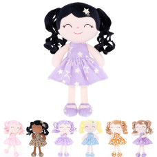 Gloveleya Baby Dolls Soft Snuggly First Baby Girl Gifts Soft Doll For Dark Hair Girls With Star Printed Purple Dress 12Inches Ga