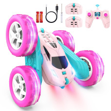 Qunreda Rc Cars Pink Remote Control Car For Girls 24 Ghz Double Sided Rc Stunt Car 360 Rotating Remote Control Crawler With H