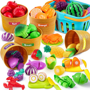 Joyin Color Sorting Play Food Set Learning Toys For Boys Girls Cutting Food Toy Kitchen Accessories For Kids Toddler Sort