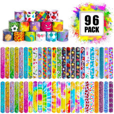 Shindel 96Pcs Slap Bracelets Bulk Kids Slap Wristbands Snap Bracelets Tie Dye Dinosaurs Mermaid Emotions For Party Favors Class