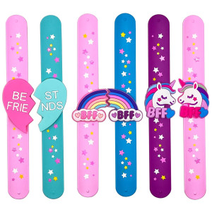 Paituend Friend Style Theme Slap Bracelets Party Favorscute Unicorn Rainbow Silicone Wristbands 6Pack For Boys Girls Birthd