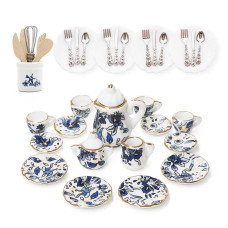 Odoria 112 Miniature Porcelain Tea Set Plates And Silverware Kitchen Utensils Dollhouse Accessories Blue