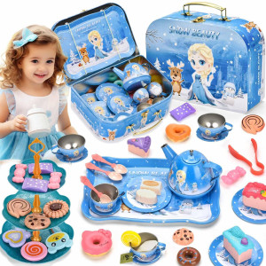 Lajeje 52Pcs Tea Party Set For Little Girlsfrozen Toys For Girls Elsa Princess Tea Party Set For Little Girls Kitchen Pretend