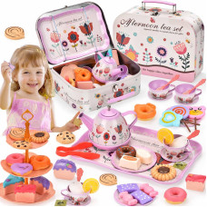 Lajeje 52Piece Tea Party Set For Little Girls Pretend Kitchen Toy For Kids 3 4 5 6 Year Old Girls Toys With Tin Tea Set Dess