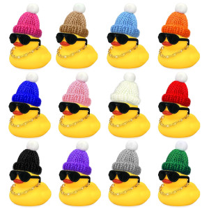 12 Set Mini Ducks With Mini Hats Necklace And Sunglasses Bath Duck Toy For Baby Shower Birthday Swimming Party Gift Favor Decora