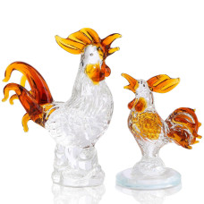 Movdyka 2Pc Brown Crystal Chicken Rooster Figurine Table Art Sculpture Decor Hand Blown Glass Farm Animal Table Ornament Decorat