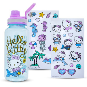 Sanrio Hello Kitty Mermaid Twist Spout Plastic Water Bottle Jug And Sticker Set For Personalizing | Holds 32 Ounces