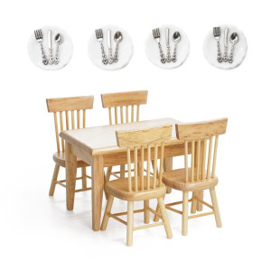 Odoria 112 Miniature Dining Table And Chairs Plates And Silverware Set Dollhouse Kitchen Furniture Accessories Burlywood