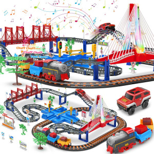 Cusocue Train Car Sets For Toddlers Train Track Set With Led Bridge Electric Car And Train Sets Toys For Boys 3 4 5 6 7 8 9 10