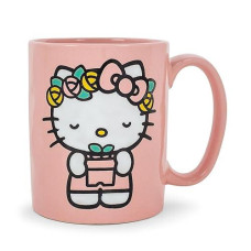 Sanrio Hello Kitty Flower Badge Wax Resist Pottery Ceramic Mug | Large Coffee Cup For Tea, Espresso, Cocoa | Holds 18 Ounces