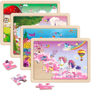 Synarry Large Unicorn Mermaid Princess Fairy Wooden Kids Puzzles 4 In 1 Gift Box12294 In Fsc Certified Puzzles For Toddl