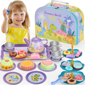 48Pcs Dinosaur Toys For Girls 35 Year Old Tea Party Set With Carrying Case Sweet Treats Perfect Birthday Christmas And