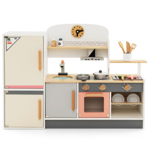 Honey Joy Kids Kitchen Playset 3In1 Wooden Play Kitchen For Toddlers Refrigerator Barbecue Grill Set Range Hood Bowl Ra