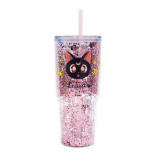 Sailor Moon Luna And Artemis Glitter Travel Tumbler With Spill-Resistant Lid And Reusable Straw | Double-Walled Cold Cup For Drinks | Holds 31 Ounces