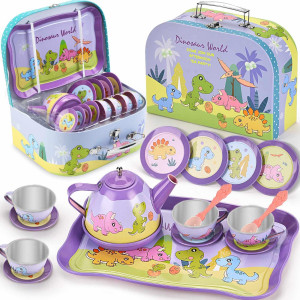 Lajeje 19 Pcs Dinosaur Toys For Girls 35 Year Old Tea Party Set With Carrying Case Perfect Birthday Christmas And Easter