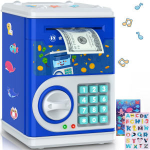 Dark Blue Piggy Bank For Kids With Password Code Lock And Auto Grab Bill Slot Philaeec Real Money Cash Coin Can Saving Box Elec